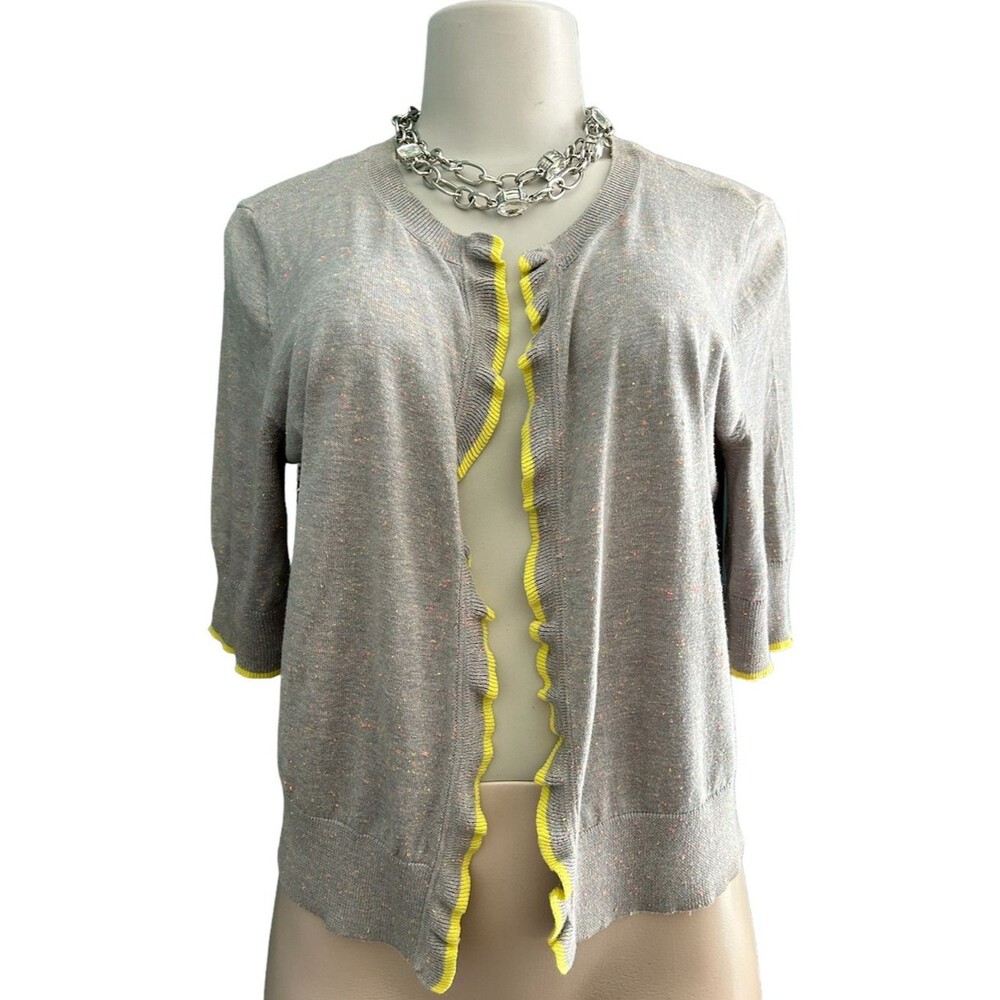 Worthington Gray Short-Sleeve Cardigan with Neon Yellow Trim Size Large